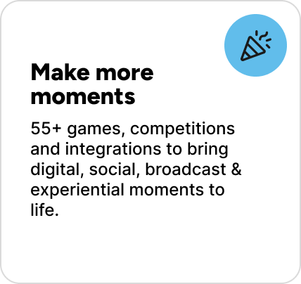 55+ games, competitions and integrations to bring digital, social, broadcast & experiential moments to life. 55+ games, competitions and integrations to bring digital, social, broadcast & experiential moments to life.