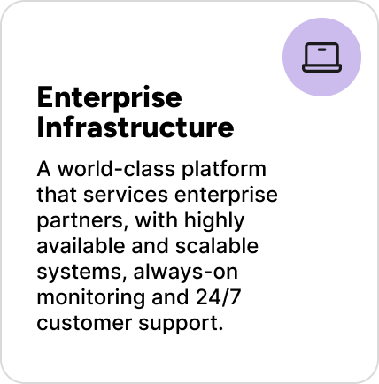 A world-class platform that services enterprise partners, with highly available and scalable systems, always-on monitoring and 24/7 customer support.